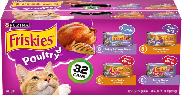 Purina Friskies Gravy Wet Cat Food Variety Pack, Poultry Shreds, Meaty Bits & Prime Filets - Cans of 5.5 oz. each, 32 count